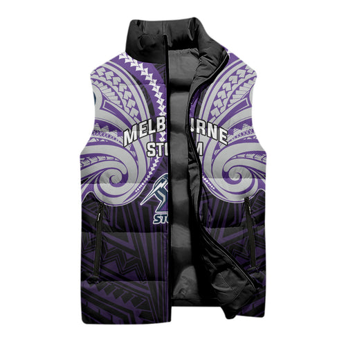 Custom Melbourne Storm Sleeveless Puffer Jacket Lightning Warrior Polynesia Islander Rugby Mascot