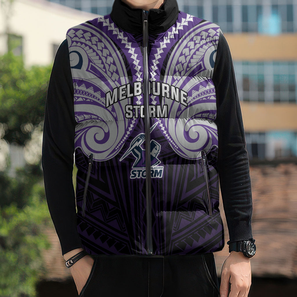 Custom Melbourne Storm Sleeveless Puffer Jacket Lightning Warrior Polynesia Islander Rugby Mascot