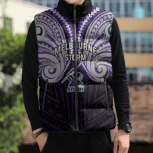 Custom Melbourne Storm Sleeveless Puffer Jacket Lightning Warrior Polynesia Islander Rugby Mascot
