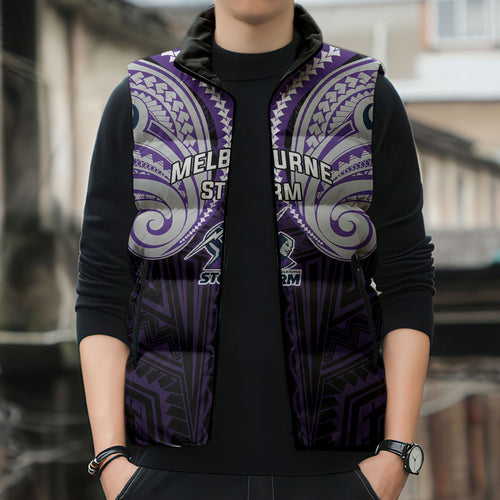 Custom Melbourne Storm Sleeveless Puffer Jacket Lightning Warrior Polynesia Islander Rugby Mascot