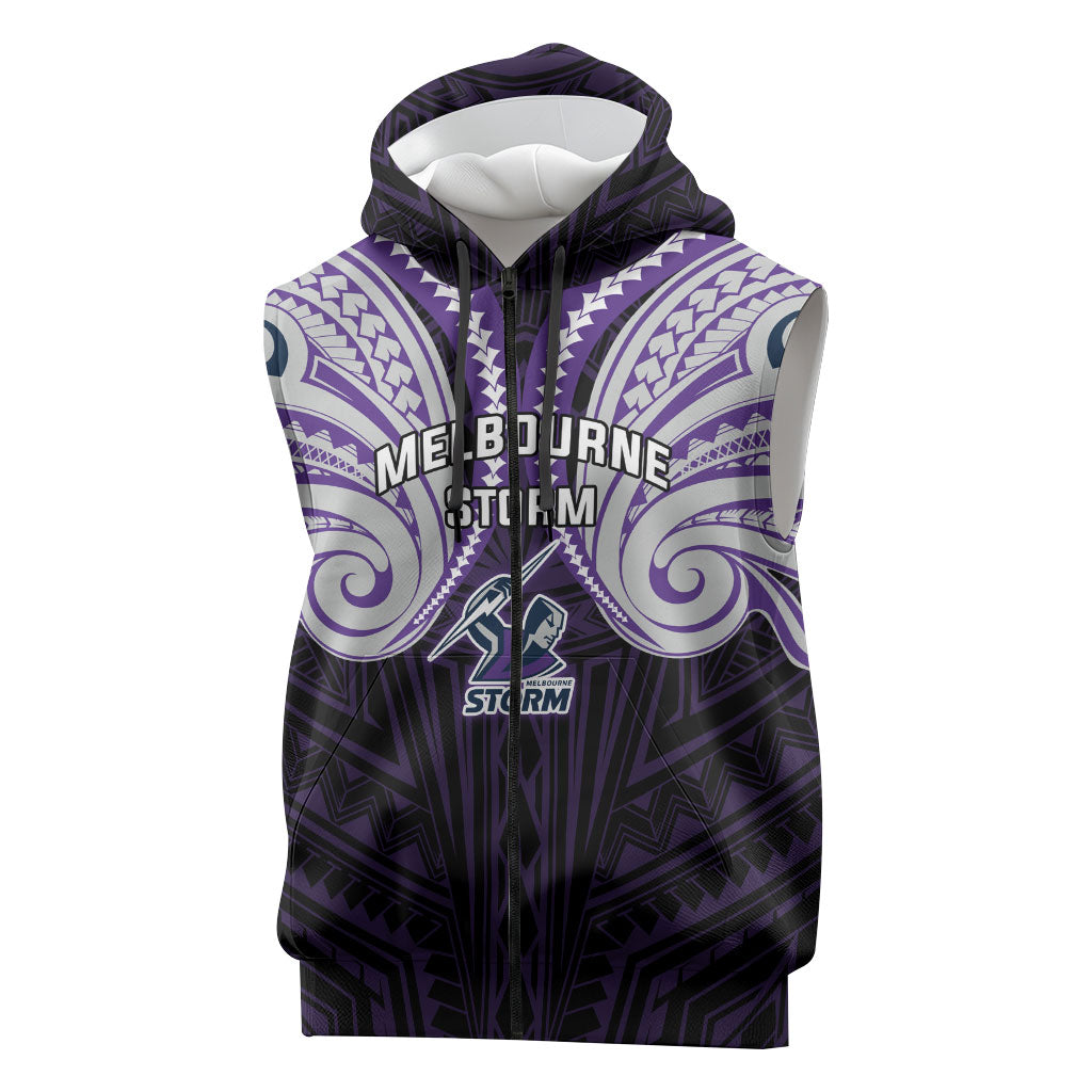 Custom Melbourne Storm Sleeveless Zip Hoodie Lightning Warrior Polynesia Islander Rugby Mascot