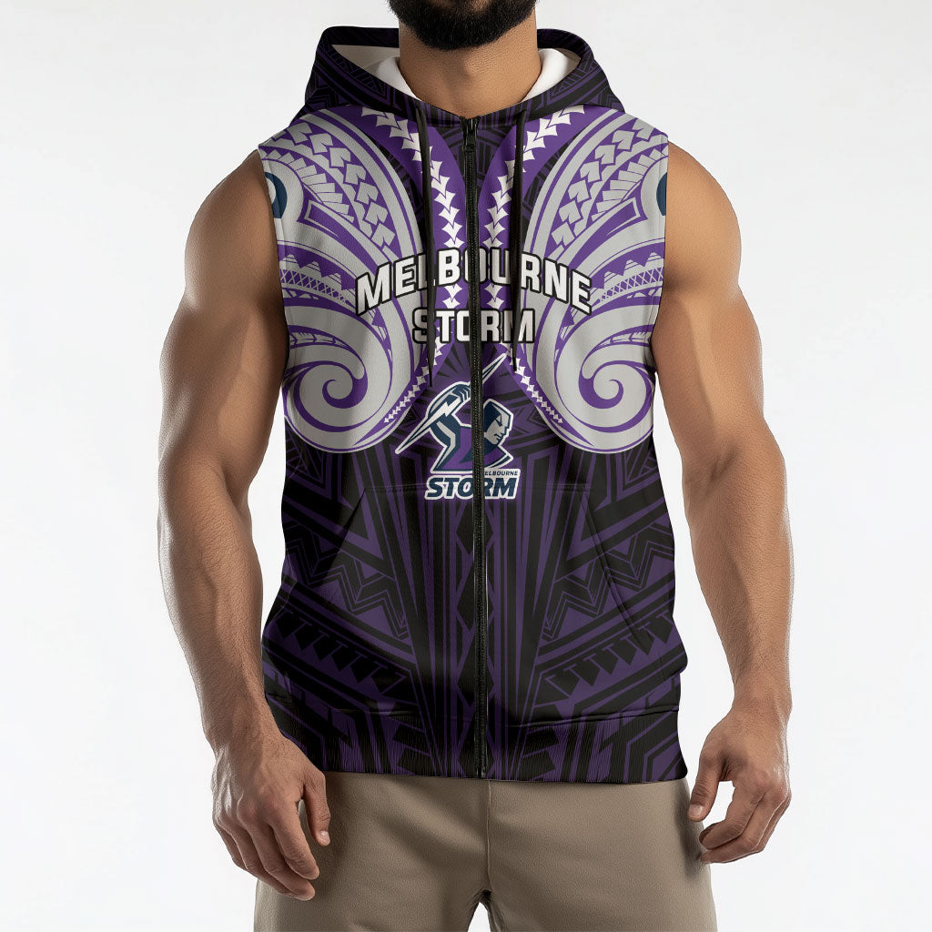 Custom Melbourne Storm Sleeveless Zip Hoodie Lightning Warrior Polynesia Islander Rugby Mascot
