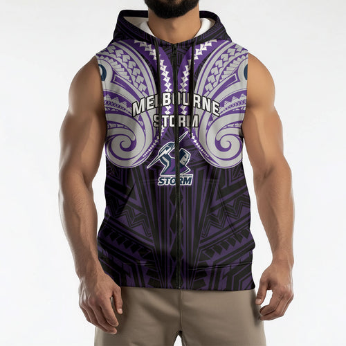 Custom Melbourne Storm Sleeveless Zip Hoodie Lightning Warrior Polynesia Islander Rugby Mascot