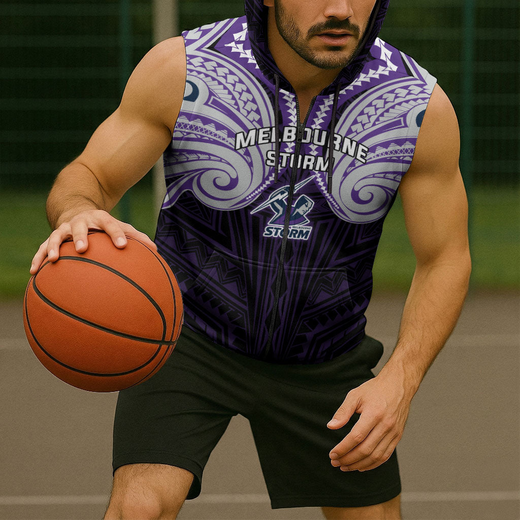 Custom Melbourne Storm Sleeveless Zip Hoodie Lightning Warrior Polynesia Islander Rugby Mascot
