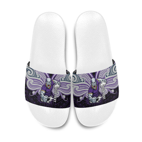 Custom Melbourne Storm Slide Sandals Lightning Warrior Polynesia Islander Rugby Mascot