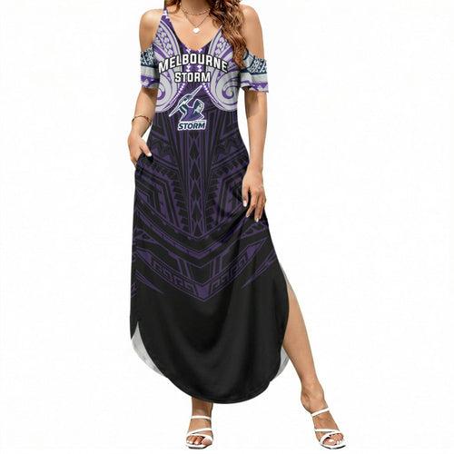 Custom Melbourne Storm Summer Maxi Dress Lightning Warrior Polynesia Islander Rugby Mascot