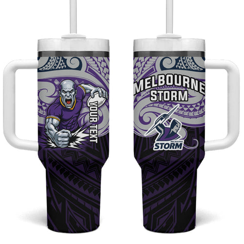Custom Melbourne Storm Tumbler With Handle Lightning Warrior Polynesia Islander Rugby Mascot