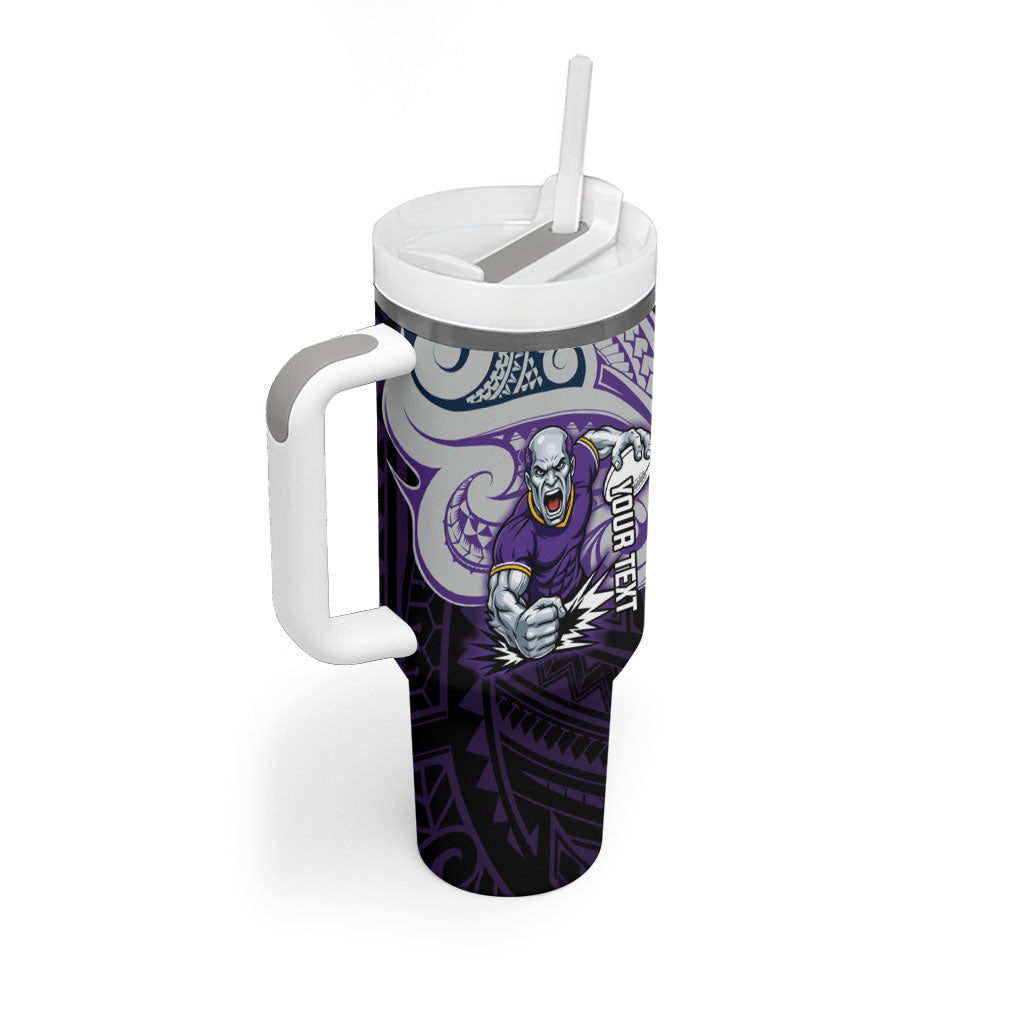 Custom Melbourne Storm Tumbler With Handle Lightning Warrior Polynesia Islander Rugby Mascot