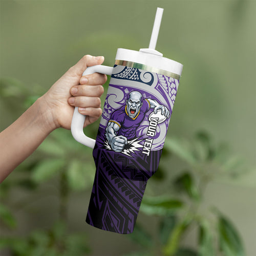 Custom Melbourne Storm Tumbler With Handle Lightning Warrior Polynesia Islander Rugby Mascot