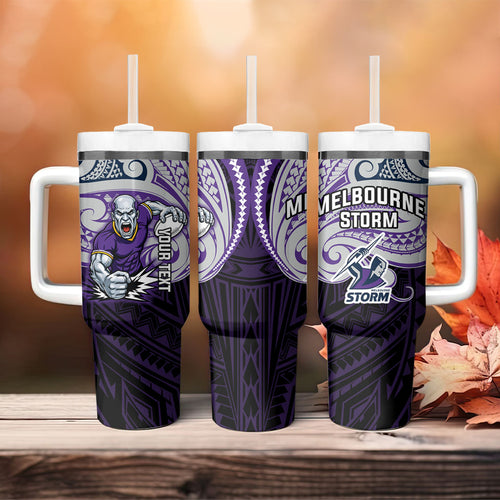 Custom Melbourne Storm Tumbler With Handle Lightning Warrior Polynesia Islander Rugby Mascot