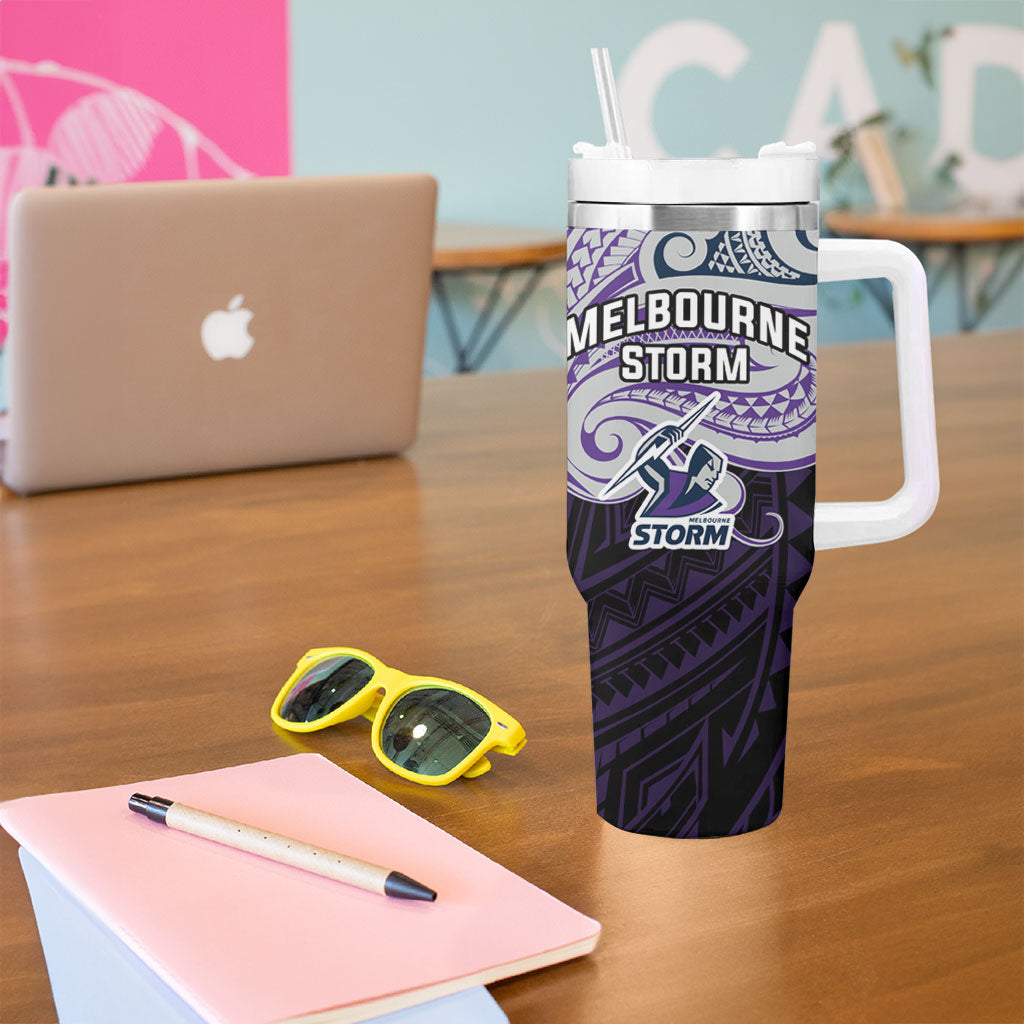 Custom Melbourne Storm Tumbler With Handle Lightning Warrior Polynesia Islander Rugby Mascot