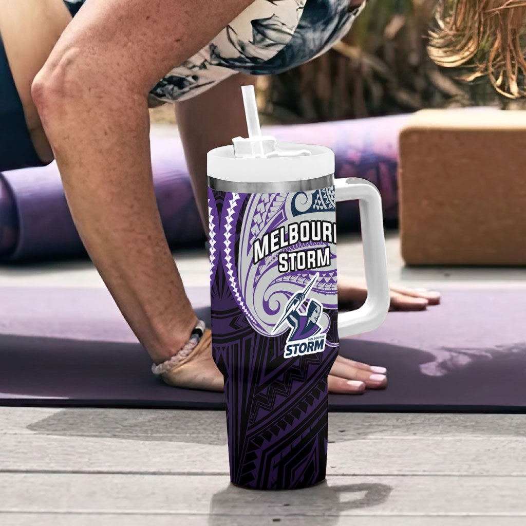 Custom Melbourne Storm Tumbler With Handle Lightning Warrior Polynesia Islander Rugby Mascot