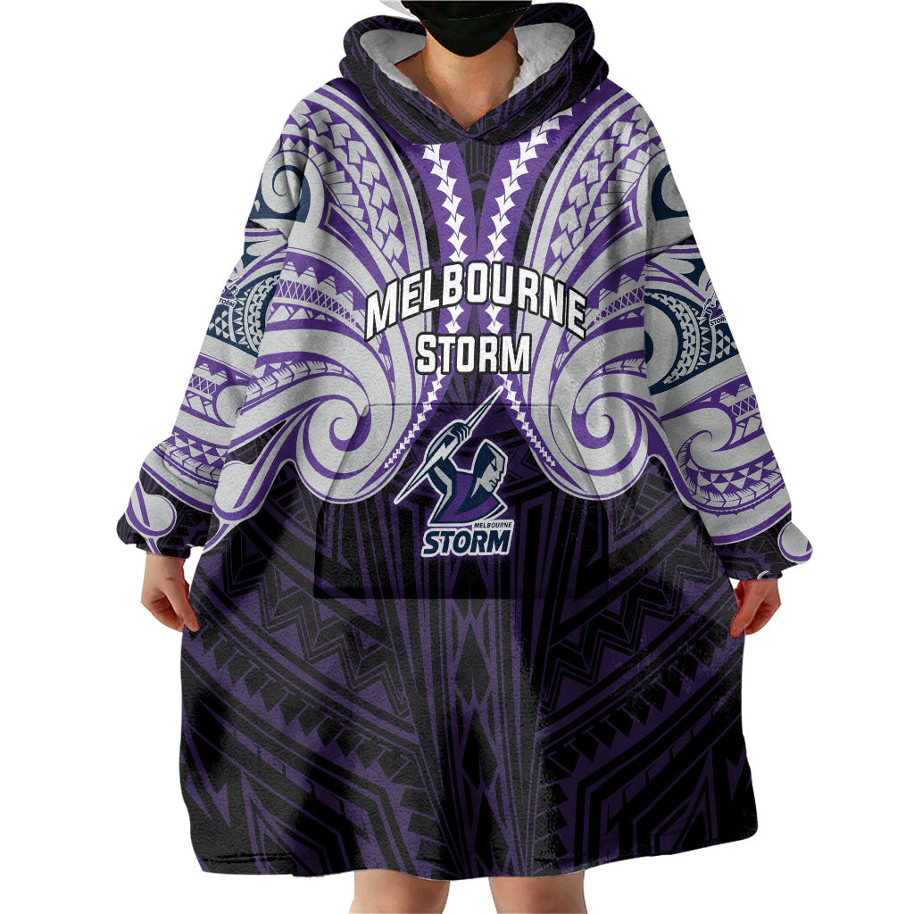 Custom Melbourne Storm Wearable Blanket Hoodie Lightning Warrior Polynesia Islander Rugby Mascot