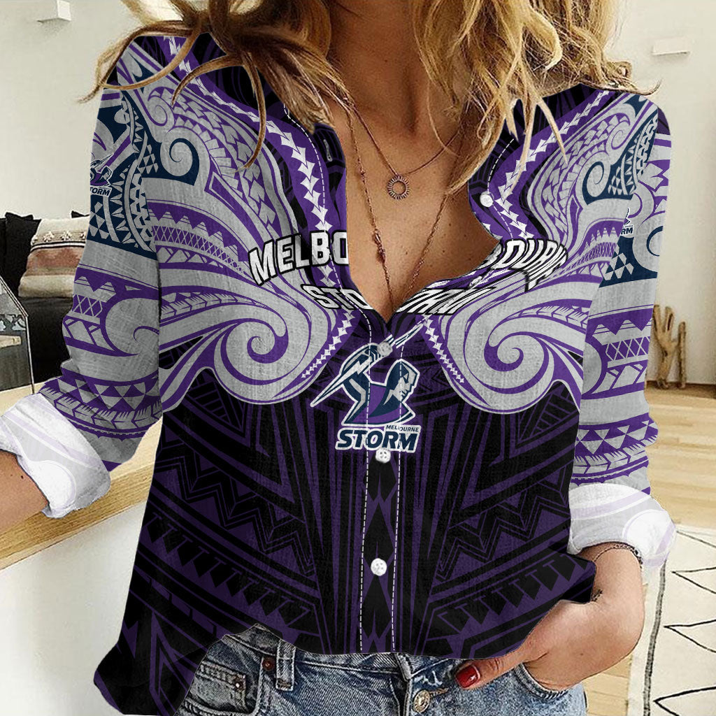 Custom Melbourne Storm Women Casual Shirt Lightning Warrior Polynesia Islander Rugby Mascot
