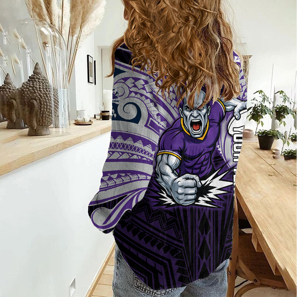 Custom Melbourne Storm Women Casual Shirt Lightning Warrior Polynesia Islander Rugby Mascot
