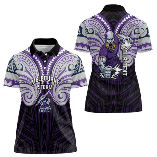 Custom Melbourne Storm Women Polo Shirt Lightning Warrior Polynesia Islander Rugby Mascot