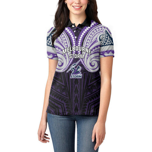 Custom Melbourne Storm Women Polo Shirt Lightning Warrior Polynesia Islander Rugby Mascot