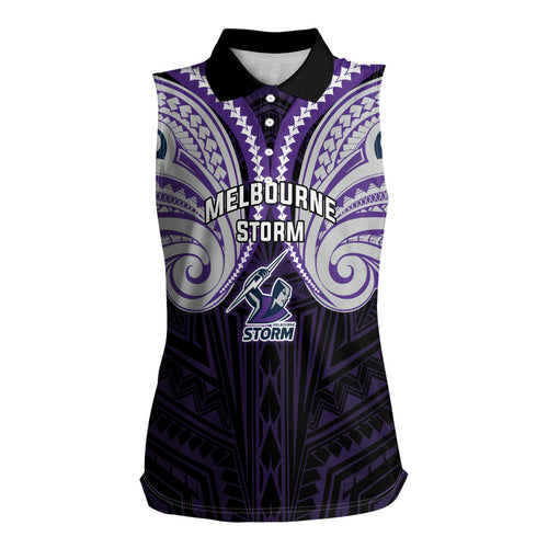 Custom Melbourne Storm Women Sleeveless Polo Shirt Lightning Warrior Polynesia Islander Rugby Mascot
