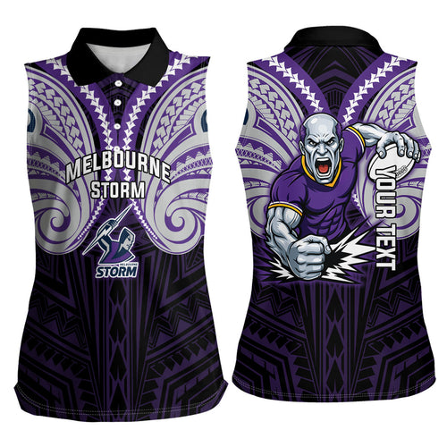 Custom Melbourne Storm Women Sleeveless Polo Shirt Lightning Warrior Polynesia Islander Rugby Mascot
