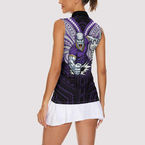 Custom Melbourne Storm Women Sleeveless Polo Shirt Lightning Warrior Polynesia Islander Rugby Mascot
