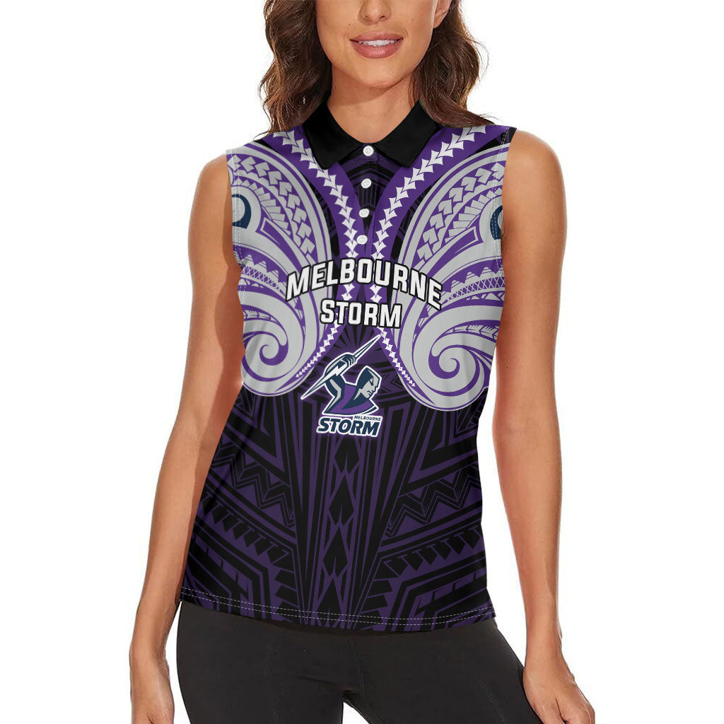 Custom Melbourne Storm Women Sleeveless Polo Shirt Lightning Warrior Polynesia Islander Rugby Mascot