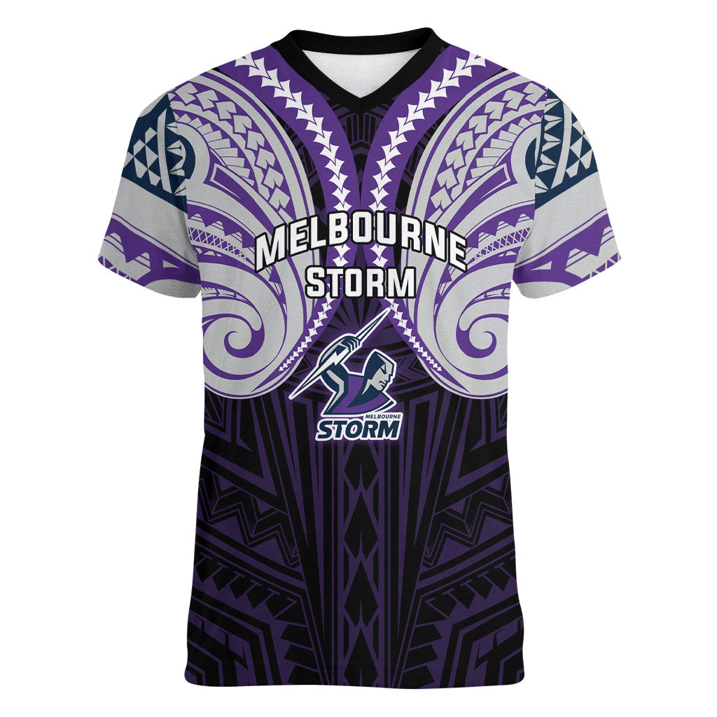 Custom Melbourne Storm Women V-Neck T-Shirt Lightning Warrior Polynesia Islander Rugby Mascot