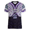 Custom Melbourne Storm Women V-Neck T-Shirt Lightning Warrior Polynesia Islander Rugby Mascot