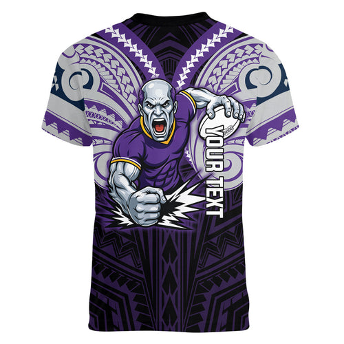 Custom Melbourne Storm Women V-Neck T-Shirt Lightning Warrior Polynesia Islander Rugby Mascot