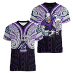 Custom Melbourne Storm Women V-Neck T-Shirt Lightning Warrior Polynesia Islander Rugby Mascot