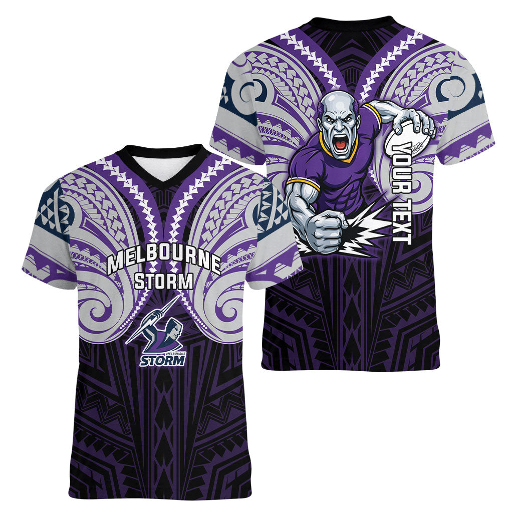 Custom Melbourne Storm Women V-Neck T-Shirt Lightning Warrior Polynesia Islander Rugby Mascot