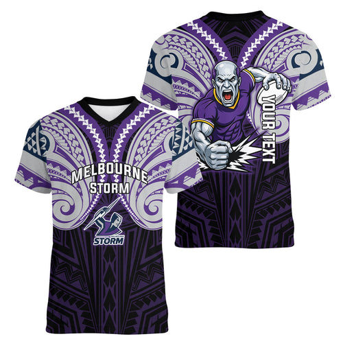 Custom Melbourne Storm Women V-Neck T-Shirt Lightning Warrior Polynesia Islander Rugby Mascot