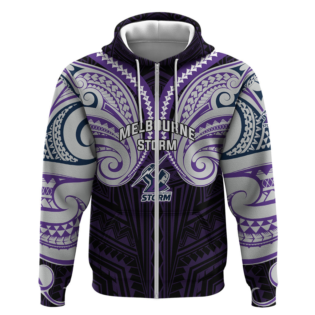 Custom Melbourne Storm Zip Hoodie Lightning Warrior Polynesia Islander Rugby Mascot