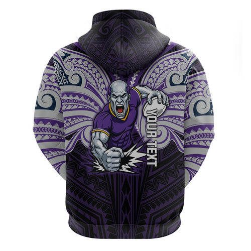 Custom Melbourne Storm Zip Hoodie Lightning Warrior Polynesia Islander Rugby Mascot