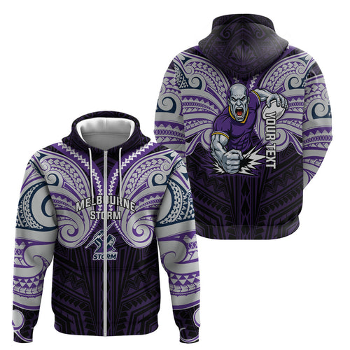 Custom Melbourne Storm Zip Hoodie Lightning Warrior Polynesia Islander Rugby Mascot