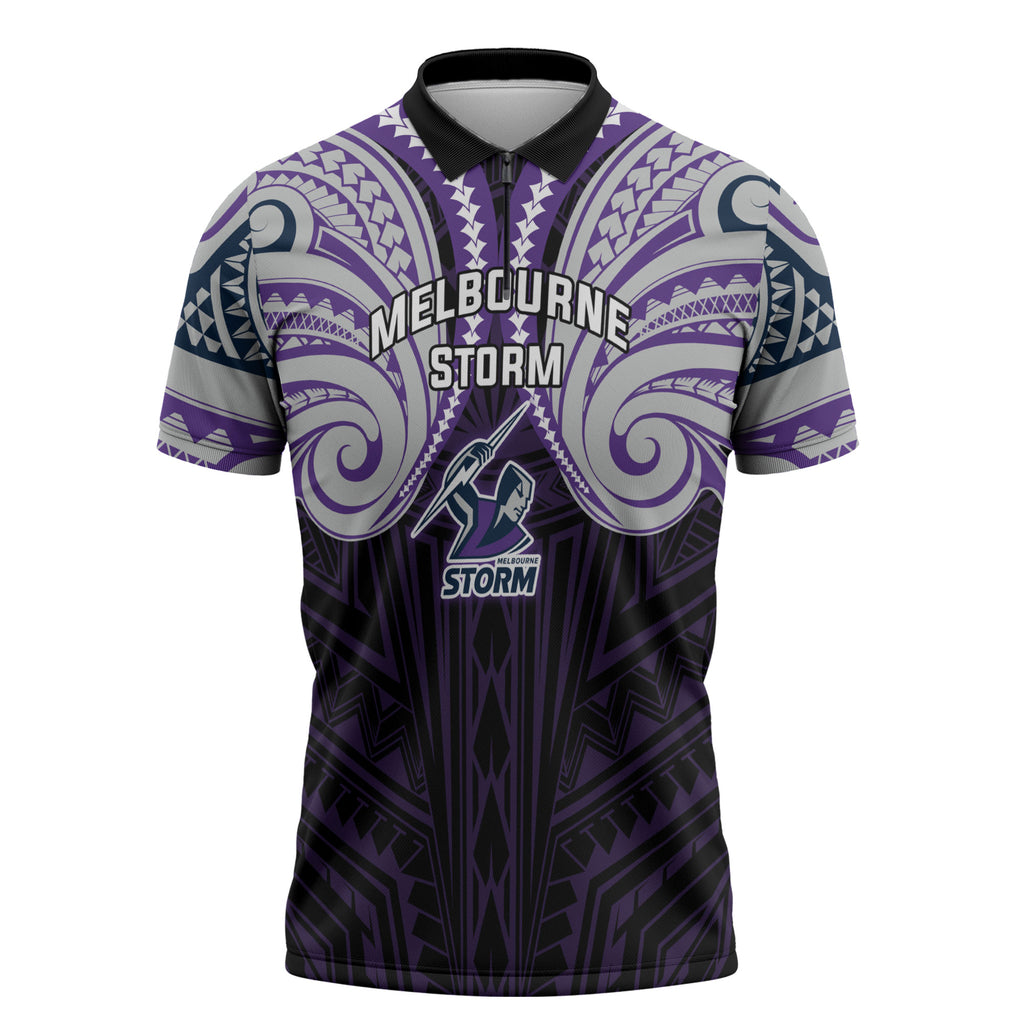 Custom Melbourne Storm Zipper Polo Shirt Lightning Warrior Polynesia Islander Rugby Mascot