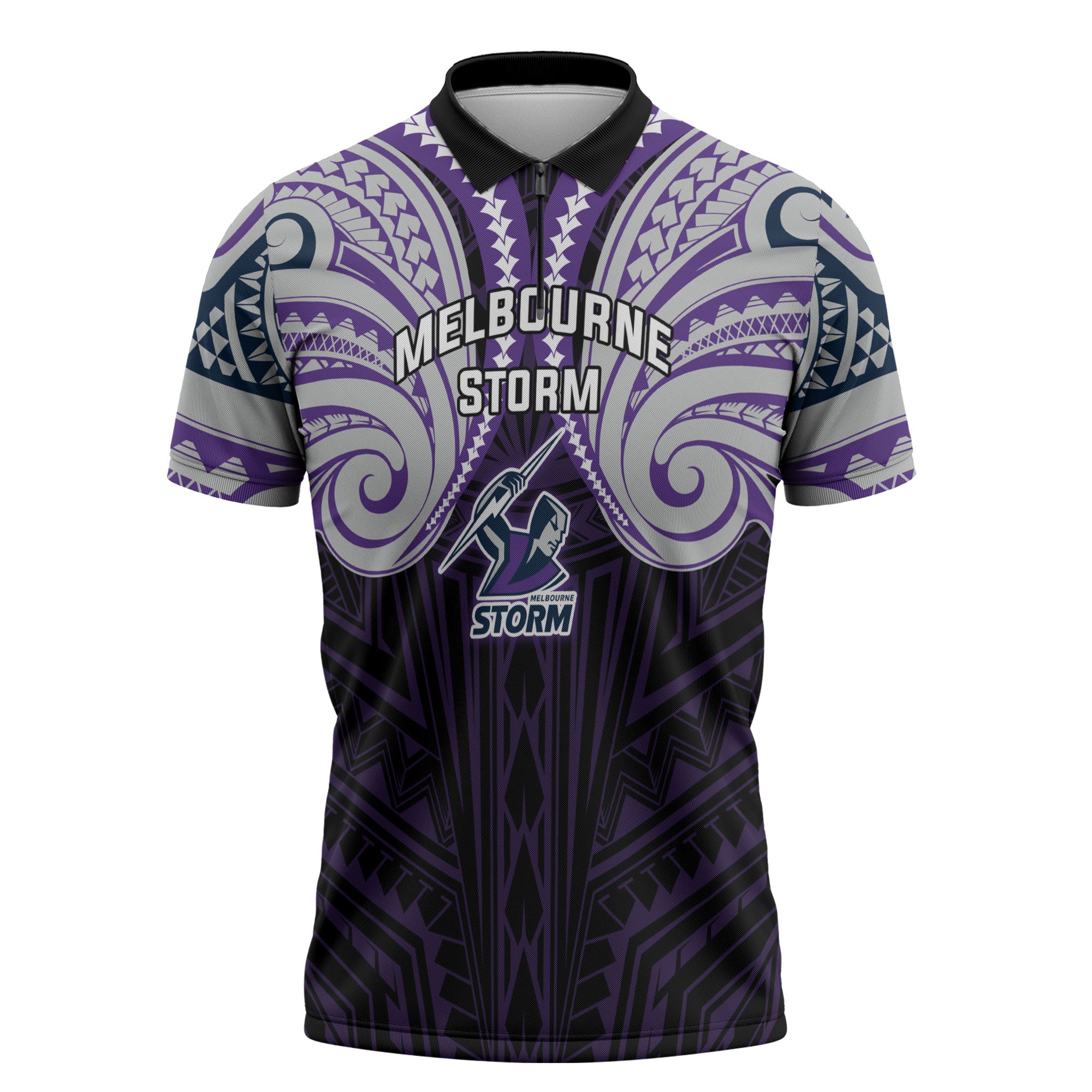 Custom Melbourne Storm Zipper Polo Shirt Lightning Warrior Polynesia Islander Rugby Mascot