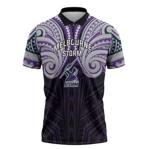 Custom Melbourne Storm Zipper Polo Shirt Lightning Warrior Polynesia Islander Rugby Mascot