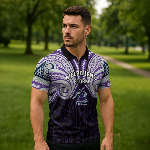 Custom Melbourne Storm Zipper Polo Shirt Lightning Warrior Polynesia Islander Rugby Mascot