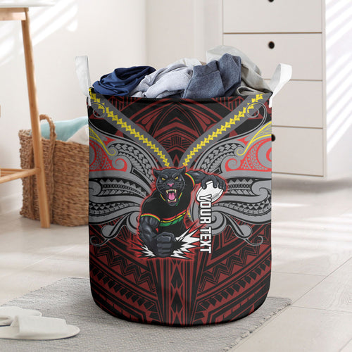 Custom Penrith Panthers Laundry Basket Black Panther Warrior Polynesia Islander Rugby Mascot