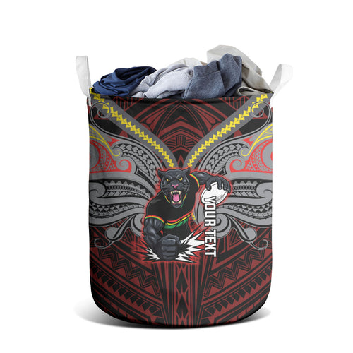 Custom Penrith Panthers Laundry Basket Black Panther Warrior Polynesia Islander Rugby Mascot