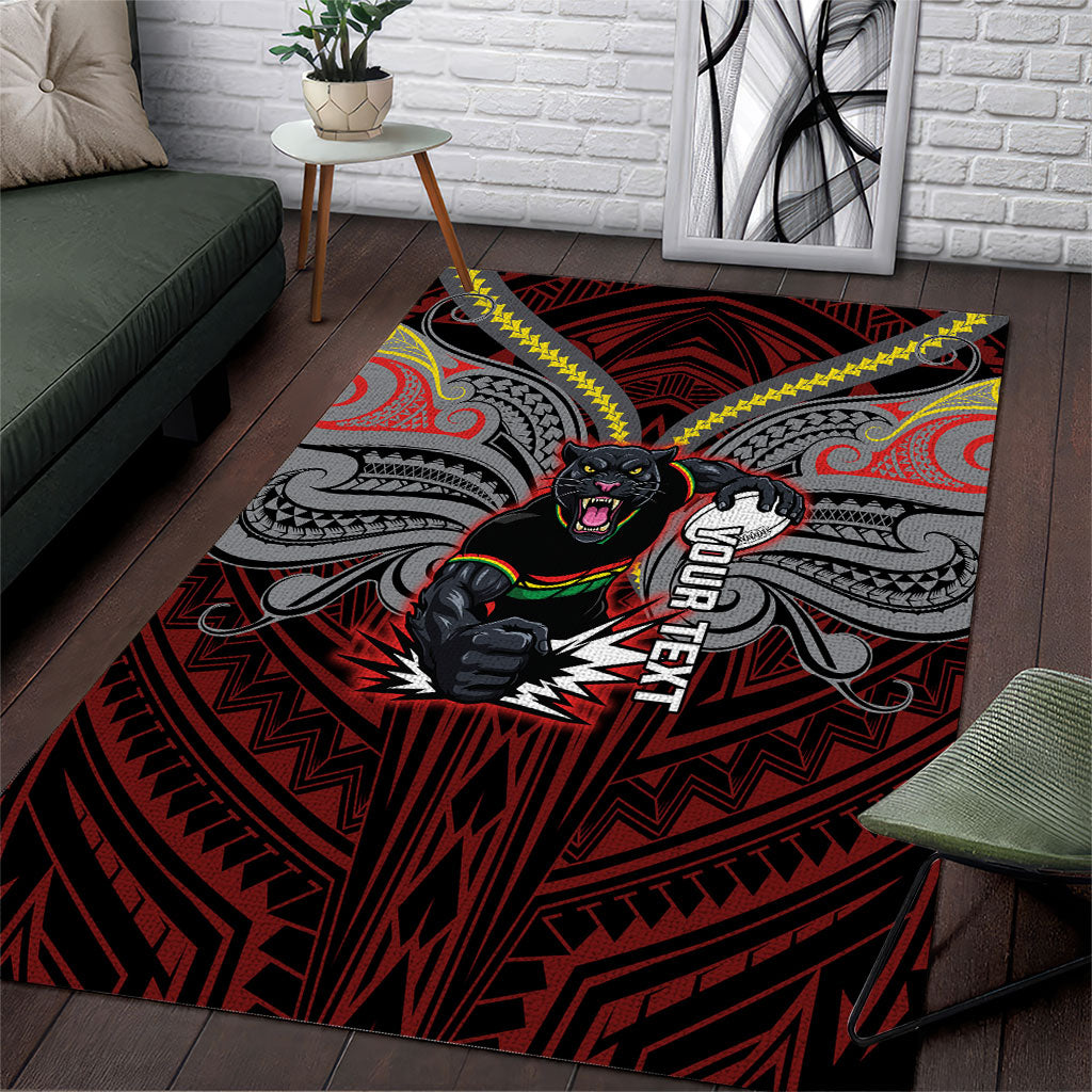 Custom Penrith Panthers Area Rug Black Panther Warrior Polynesia Islander Rugby Mascot