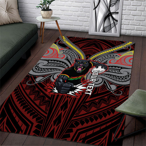Custom Penrith Panthers Area Rug Black Panther Warrior Polynesia Islander Rugby Mascot