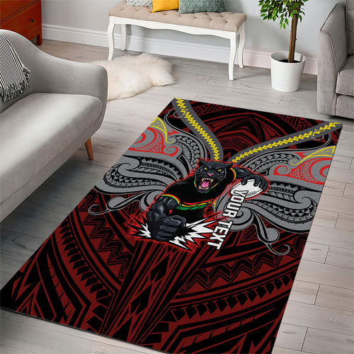 Custom Penrith Panthers Area Rug Black Panther Warrior Polynesia Islander Rugby Mascot