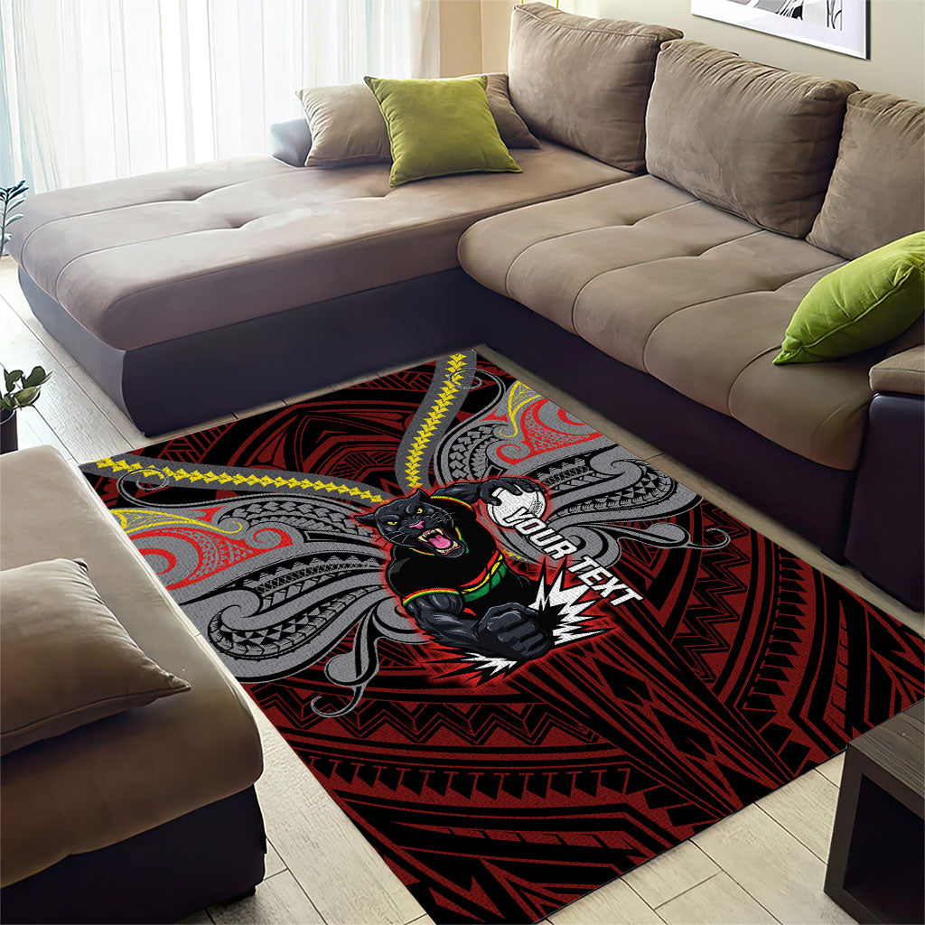 Custom Penrith Panthers Area Rug Black Panther Warrior Polynesia Islander Rugby Mascot