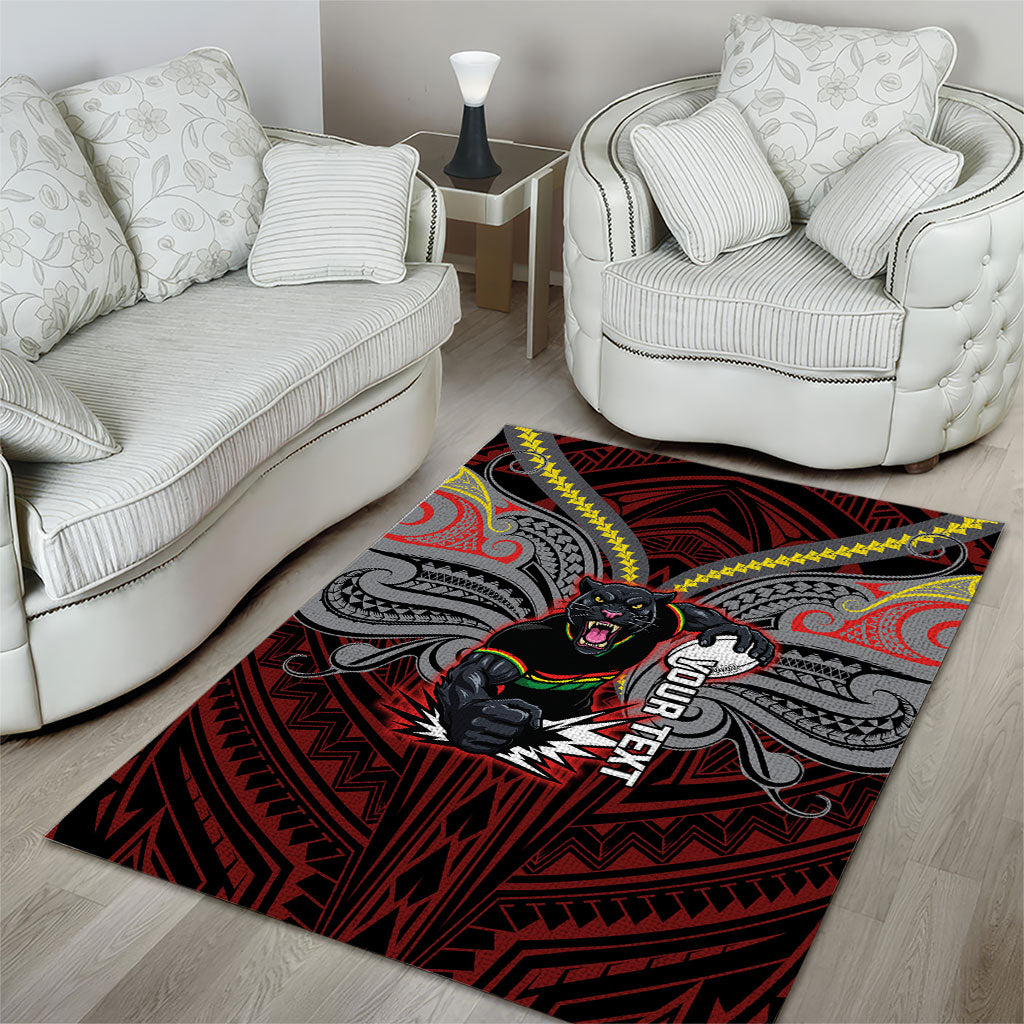 Custom Penrith Panthers Area Rug Black Panther Warrior Polynesia Islander Rugby Mascot