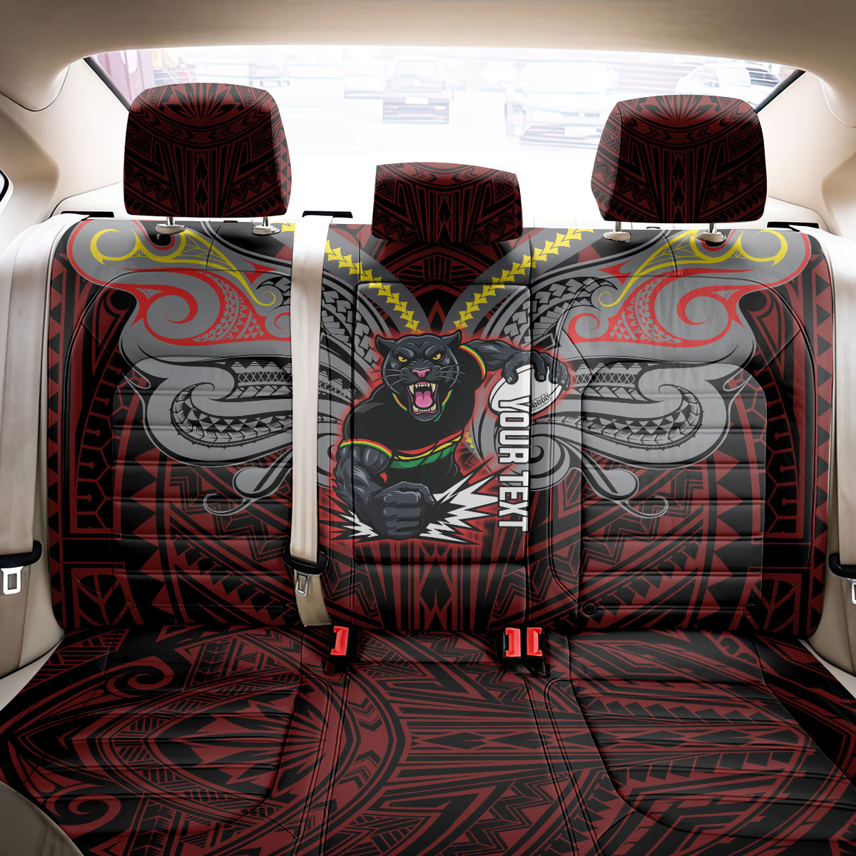 Custom Penrith Panthers Back Car Seat Cover Black Panther Warrior Polynesia Islander Rugby Mascot