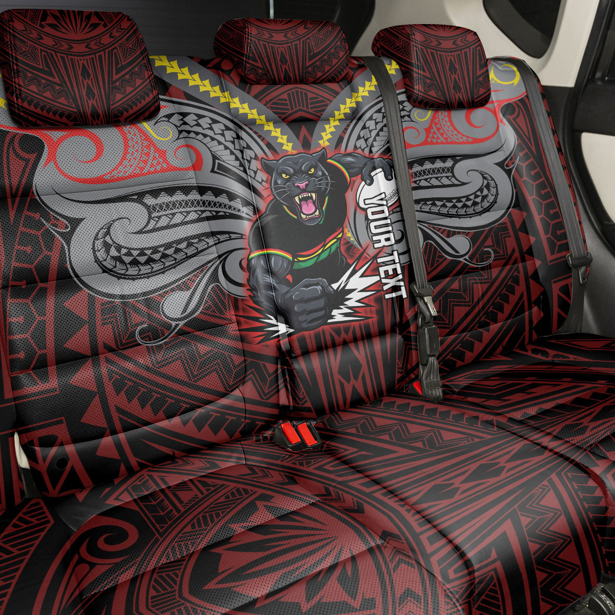 Custom Penrith Panthers Back Car Seat Cover Black Panther Warrior Polynesia Islander Rugby Mascot