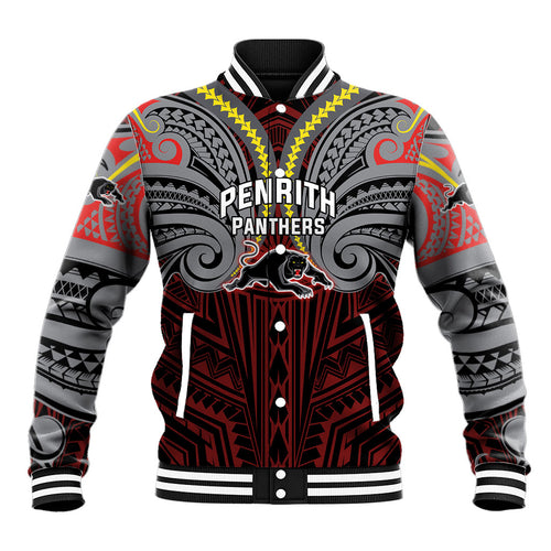 Custom Penrith Panthers Baseball Jacket Black Panther Warrior Polynesia Islander Rugby Mascot
