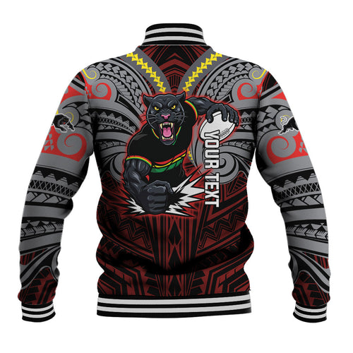 Custom Penrith Panthers Baseball Jacket Black Panther Warrior Polynesia Islander Rugby Mascot