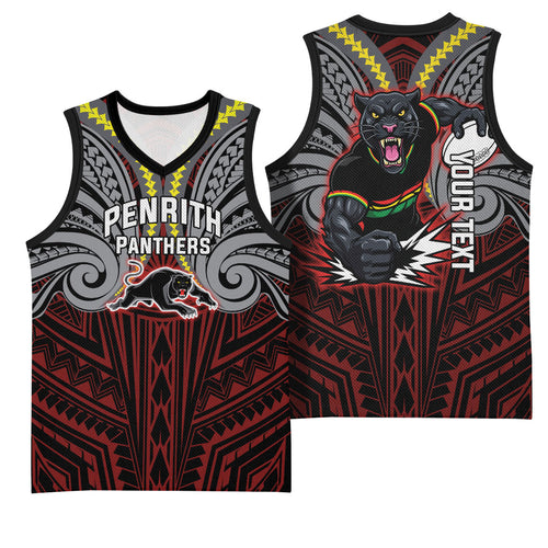 Custom Penrith Panthers Basketball Jersey Black Panther Warrior Polynesia Islander Rugby Mascot